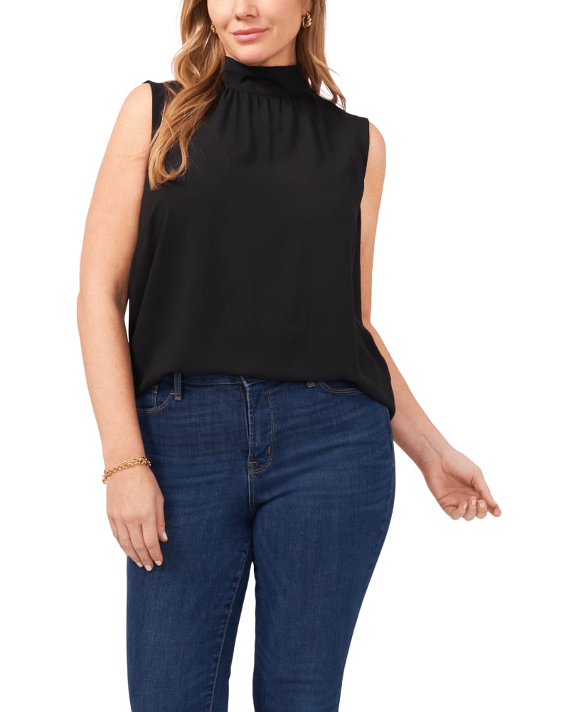 Front of a model wearing a size 0X Heather Mockneck Top in RICH BLACK by 1.State. | dia_product_style_image_id:262490